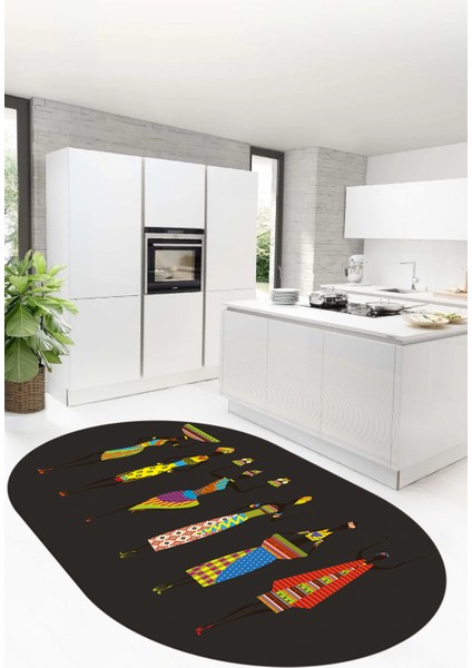 Etnik Motifli Modern Kaymaz Taban Yıkanabilir Oval Mutfak Halısı, O-Mutfak-40-Antrasit,