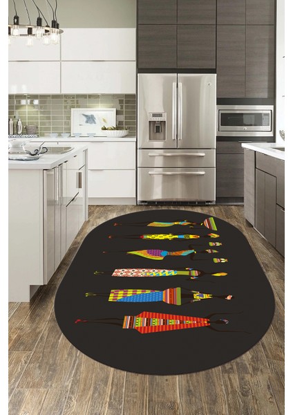 Etnik Motifli Modern Kaymaz Taban Yıkanabilir Oval Mutfak Halısı, O-Mutfak-40-Antrasit, fırsatları