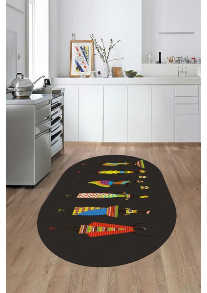 Etnik Motifli Modern Kaymaz Taban Yıkanabilir Oval Mutfak Halısı, O-Mutfak-40-Antrasit, indirimleri