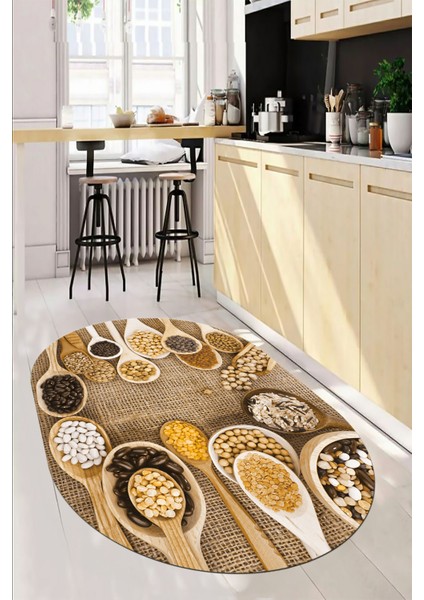 3D Kaşık Baharat Temalı Kaymaz Taban Yıkanabilir Oval Mutfak Halısı, O-Mutfak-29-Kahve,
