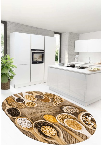 3D Kaşık Baharat Temalı Kaymaz Taban Yıkanabilir Oval Mutfak Halısı, O-Mutfak-29-Kahve, modelleri