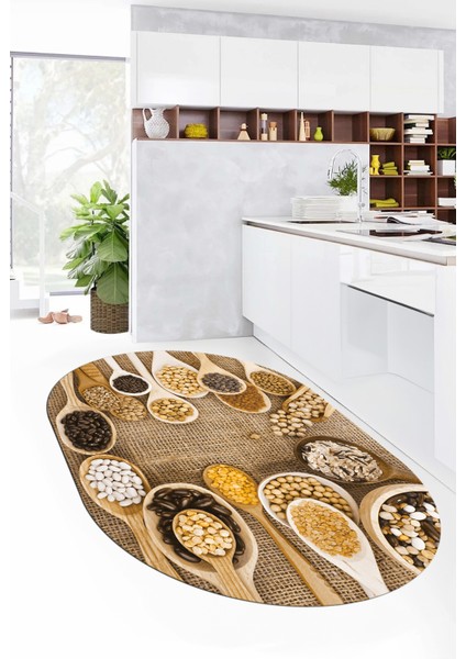 3D Kaşık Baharat Temalı Kaymaz Taban Yıkanabilir Oval Mutfak Halısı, O-Mutfak-29-Kahve, fırsatları
