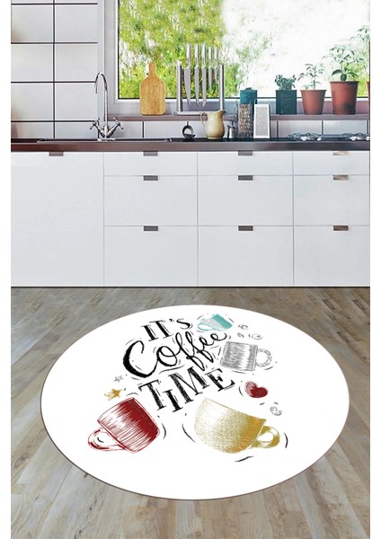 Coffee Yazılı Renkli Fincan Desenli Yıkanabilir Kaymaz Yuvarlak Mutfak Halısı, Y-Mutfak-44-Beyaz, modelleri