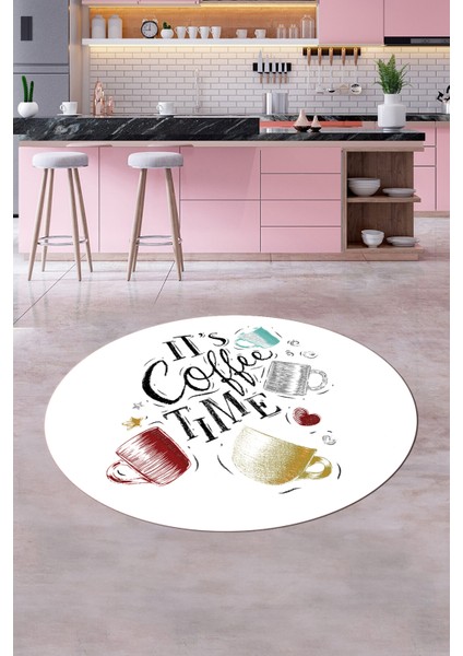Coffee Yazılı Renkli Fincan Desenli Yıkanabilir Kaymaz Yuvarlak Mutfak Halısı, Y-Mutfak-44-Beyaz, indirimleri