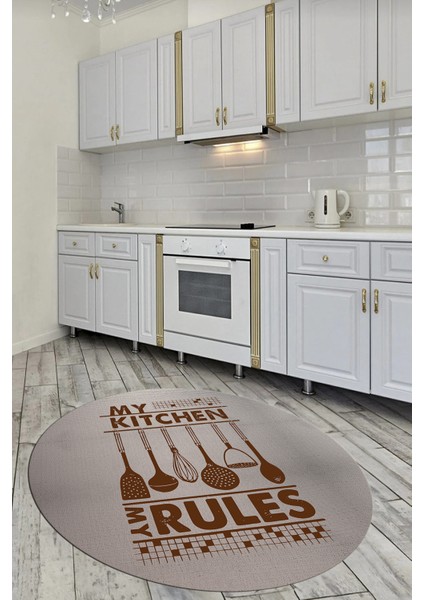 Kitchen Rules Yazılı Kaşık Desen Yıkanabilir Yuvarlak Mutfak Halısı, Y-Mutfak-47-Kahve,