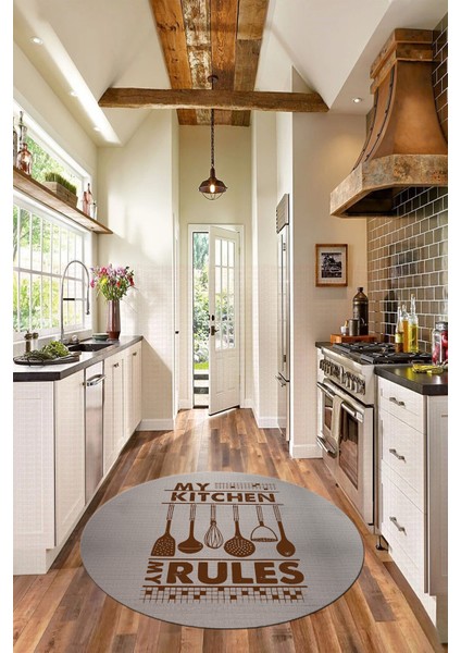 Kitchen Rules Yazılı Kaşık Desen Yıkanabilir Yuvarlak Mutfak Halısı, Y-Mutfak-47-Kahve, fiyatları