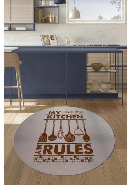 Kitchen Rules Yazılı Kaşık Desen Yıkanabilir Yuvarlak Mutfak Halısı, Y-Mutfak-47-Kahve, fırsatları