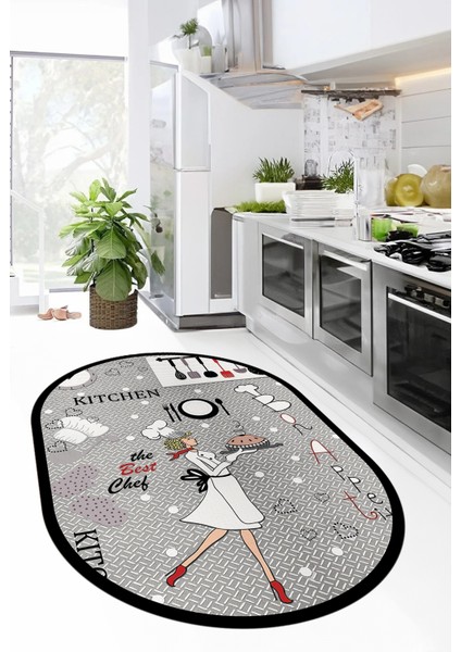 Evdeya Dijital Baskılı Yıkanabilir Kaymaz Kitchen Yazılı Aşçı Oval Mutfak Halısı, O-Mutfak-03-Gri,