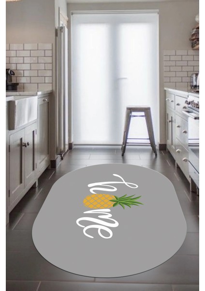 Home Yazılı Ananas Desenli Yıkanabilir Kaymaz Oval Mutfak Halısı, O-Mutfak-31-Gri,