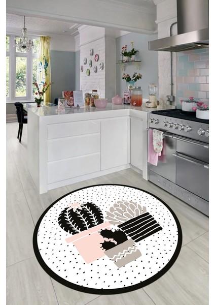 Dijital Baskılı Kaymaz Taban Yıkanabilir Kaktüs Desenli Yuvarlak Mutfak Halısı, Y-Mutfak-38-Beyaz,