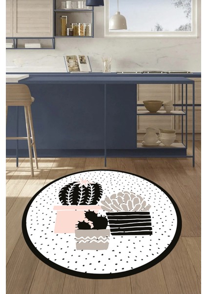 Dijital Baskılı Kaymaz Taban Yıkanabilir Kaktüs Desenli Yuvarlak Mutfak Halısı, Y-Mutfak-38-Beyaz, indirimleri