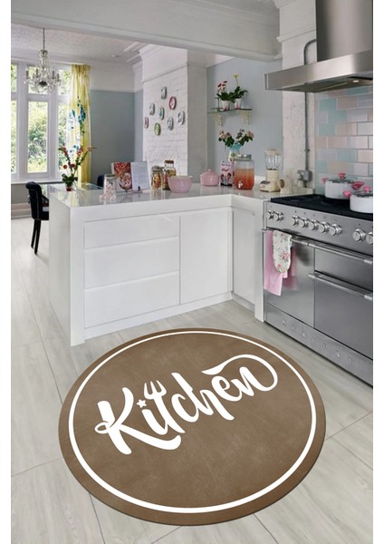 Kitchen Yazılı Çerçeveli Kaymaz Taban Yıkanabilir Yuvarlak Mutfak Halısı, Y-Mutfak-42-Kahve,