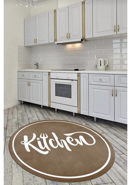 Kitchen Yazılı Çerçeveli Kaymaz Taban Yıkanabilir Yuvarlak Mutfak Halısı, Y-Mutfak-42-Kahve, fiyatları