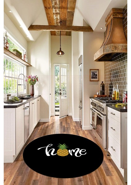 Home Yazılı Ananas Desenli Yıkanabilir Kaymaz Yuvarlak Mutfak Halısı, Y-Mutfak-31-Siyah,