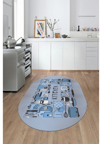 Dijital Baskılı Kaymaz Taban Yıkanabilir Modern Oval Mutfak Halısı, O-Mutfak-17-Mavi,