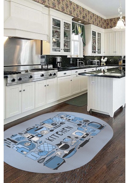 Dijital Baskılı Kaymaz Taban Yıkanabilir Modern Oval Mutfak Halısı, O-Mutfak-17-Mavi, fiyatları