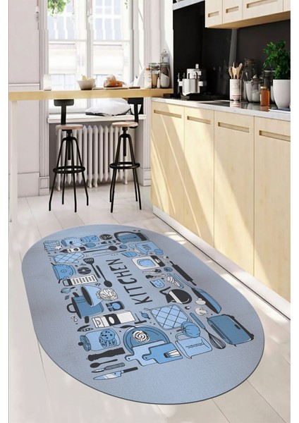 Dijital Baskılı Kaymaz Taban Yıkanabilir Modern Oval Mutfak Halısı, O-Mutfak-17-Mavi, modelleri