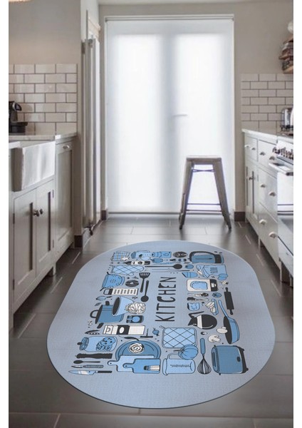 Dijital Baskılı Kaymaz Taban Yıkanabilir Modern Oval Mutfak Halısı, O-Mutfak-17-Mavi, fırsatları