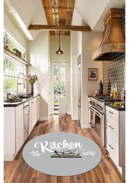 Kitchen Yazılı Modern Kaymaz Taban Yıkanabilir Yuvarlak Mutfak Halısı, Y-Mutfak-41-Gri-Beyaz, modelleri