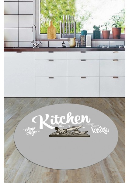 Kitchen Yazılı Modern Kaymaz Taban Yıkanabilir Yuvarlak Mutfak Halısı, Y-Mutfak-41-Gri-Beyaz, fırsatları