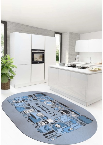 Dijital Baskılı Kaymaz Taban Yıkanabilir Modern Oval Mutfak Halısı, O-Mutfak-17-Mavi, indirimleri
