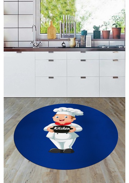 Kitchen Yazılı Aşçı Motifli Kaymaz Taban Yıkanabilir Yuvarlak Mutfak Halısı, Y-Mutfak-05-Mavi,