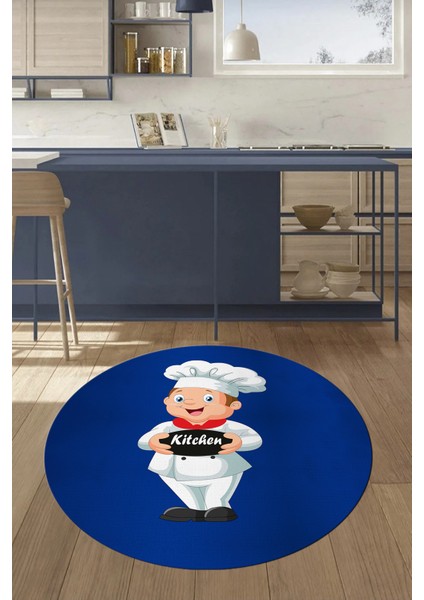 Kitchen Yazılı Aşçı Motifli Kaymaz Taban Yıkanabilir Yuvarlak Mutfak Halısı, Y-Mutfak-05-Mavi,