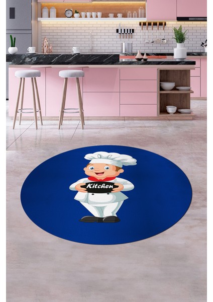 Kitchen Yazılı Aşçı Motifli Kaymaz Taban Yıkanabilir Yuvarlak Mutfak Halısı, Y-Mutfak-05-Mavi,