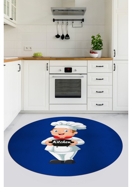 Kitchen Yazılı Aşçı Motifli Kaymaz Taban Yıkanabilir Yuvarlak Mutfak Halısı, Y-Mutfak-05-Mavi,