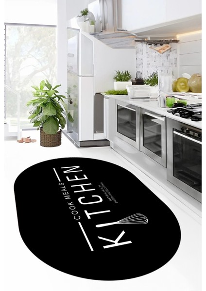 Dijital Baskılı Yıkanabilir Kaymaz Kitchen Yazılı Modern Oval Mutfak Halısı, O-Mutfak-04-Siyah,