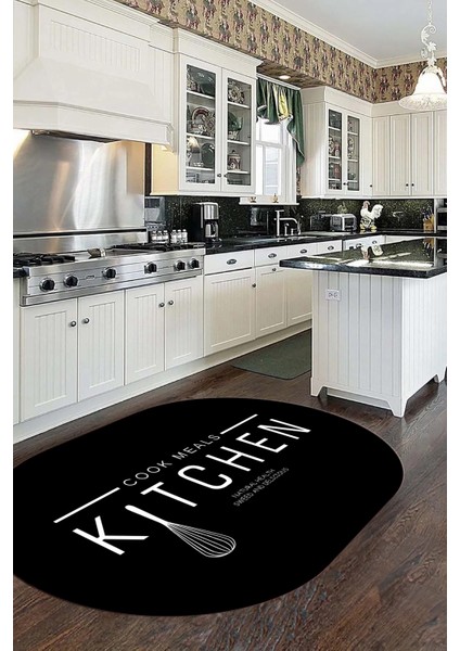 Dijital Baskılı Yıkanabilir Kaymaz Kitchen Yazılı Modern Oval Mutfak Halısı, O-Mutfak-04-Siyah,