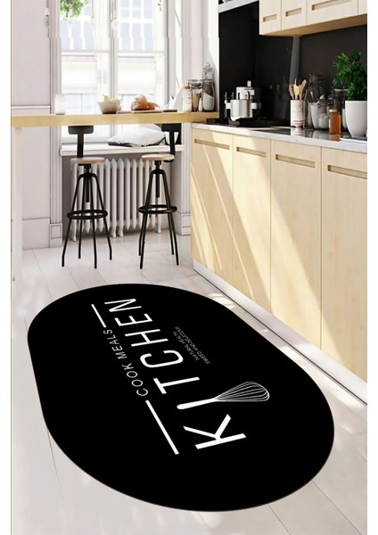 Dijital Baskılı Yıkanabilir Kaymaz Kitchen Yazılı Modern Oval Mutfak Halısı, O-Mutfak-04-Siyah,