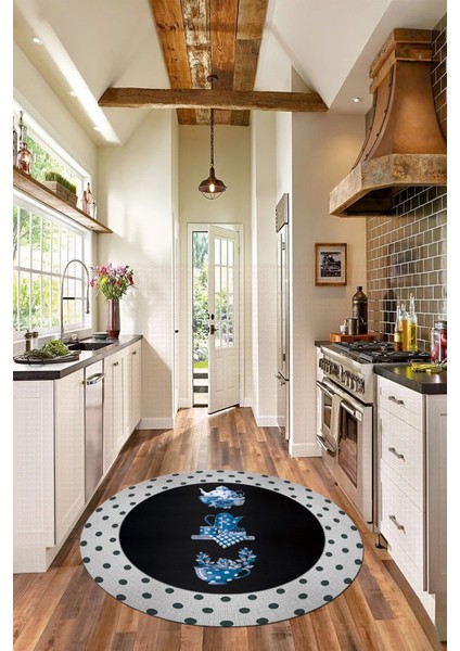 Dijital Yıkanabilir Kaymaz Fincan Çiçek Desenli Yuvarlak Mutfak Halısı, Y-Mutfak-01-Mavi,