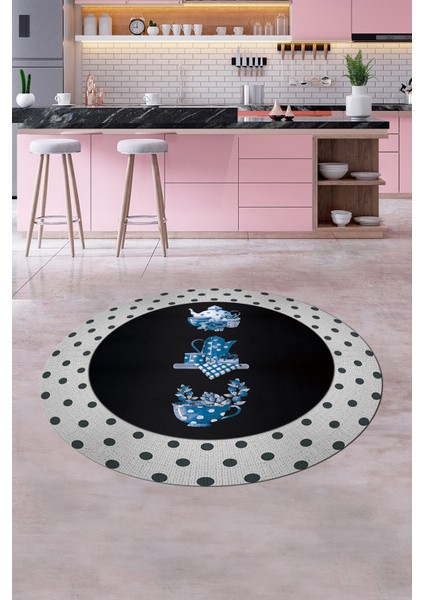 Dijital Yıkanabilir Kaymaz Fincan Çiçek Desenli Yuvarlak Mutfak Halısı, Y-Mutfak-01-Mavi, fırsatları