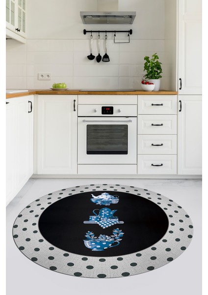 Dijital Yıkanabilir Kaymaz Fincan Çiçek Desenli Yuvarlak Mutfak Halısı, Y-Mutfak-01-Mavi, indirimleri