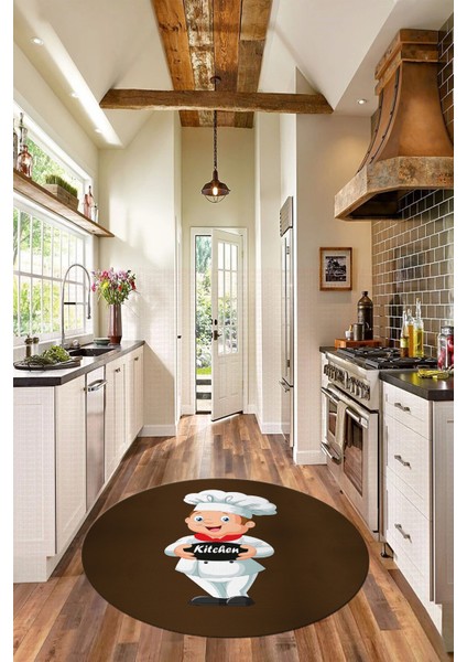 Kitchen Yazılı Aşçı Motifli Kaymaz Taban Yıkanabilir Yuvarlak Mutfak Halısı, Y-Mutfak-05-Kahve,