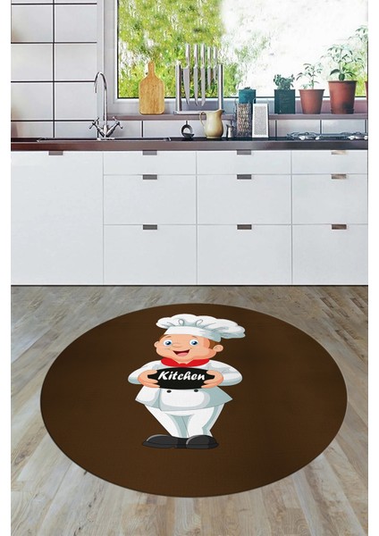 Kitchen Yazılı Aşçı Motifli Kaymaz Taban Yıkanabilir Yuvarlak Mutfak Halısı, Y-Mutfak-05-Kahve,