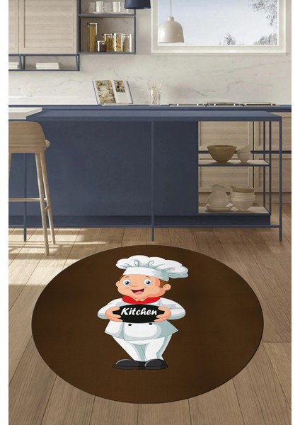 Kitchen Yazılı Aşçı Motifli Kaymaz Taban Yıkanabilir Yuvarlak Mutfak Halısı, Y-Mutfak-05-Kahve,