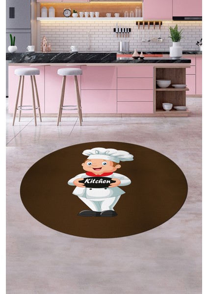 Kitchen Yazılı Aşçı Motifli Kaymaz Taban Yıkanabilir Yuvarlak Mutfak Halısı, Y-Mutfak-05-Kahve,