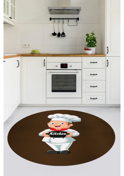 Kitchen Yazılı Aşçı Motifli Kaymaz Taban Yıkanabilir Yuvarlak Mutfak Halısı, Y-Mutfak-05-Kahve,