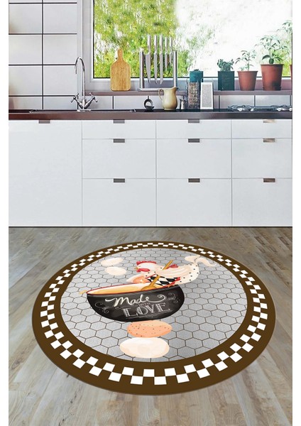 Aşçı Horoz Desenli Yıkanabilir Kaymaz Taban Yuvarlak Mutfak Halısı, Y-Mutfak-08-Kahve,