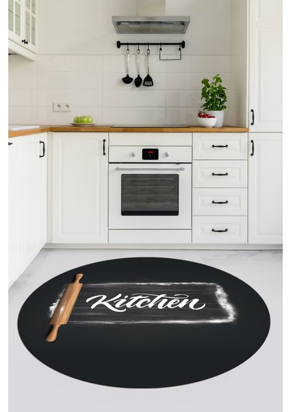 Kitchen Yazılı Merdane Desenli Yıkanabilir Yuvarlak Mutfak Halısı, Y-Mutfak-28-Antrasit,