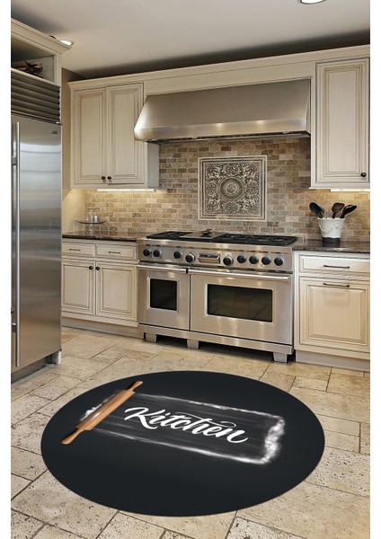 Kitchen Yazılı Merdane Desenli Yıkanabilir Yuvarlak Mutfak Halısı, Y-Mutfak-28-Antrasit, fiyatları
