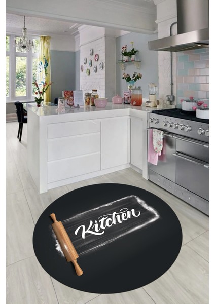 Kitchen Yazılı Merdane Desenli Yıkanabilir Yuvarlak Mutfak Halısı, Y-Mutfak-28-Antrasit, modelleri