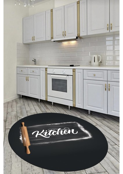 Kitchen Yazılı Merdane Desenli Yıkanabilir Yuvarlak Mutfak Halısı, Y-Mutfak-28-Antrasit, fırsatları