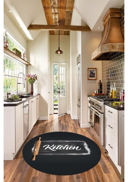 Kitchen Yazılı Merdane Desenli Yıkanabilir Yuvarlak Mutfak Halısı, Y-Mutfak-28-Antrasit, indirimleri