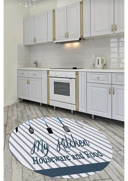 Mutfak Araçları Desenli Yıkanabilir Kaymaz Yuvarlak Mutfak Halısı, Y-Mutfak-32-Mavi, modelleri