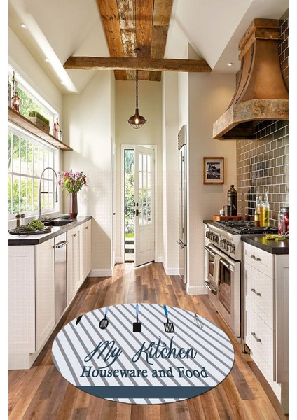 Mutfak Araçları Desenli Yıkanabilir Kaymaz Yuvarlak Mutfak Halısı, Y-Mutfak-32-Mavi, fırsatları