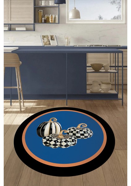 Dijital Baskılı Kaymaz Yıkanabilir Bal Kabağı Desenli Yuvarlak Mutfak Halısı, Y-Mutfak-13-Mavi,