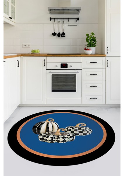 Dijital Baskılı Kaymaz Yıkanabilir Bal Kabağı Desenli Yuvarlak Mutfak Halısı, Y-Mutfak-13-Mavi, modelleri